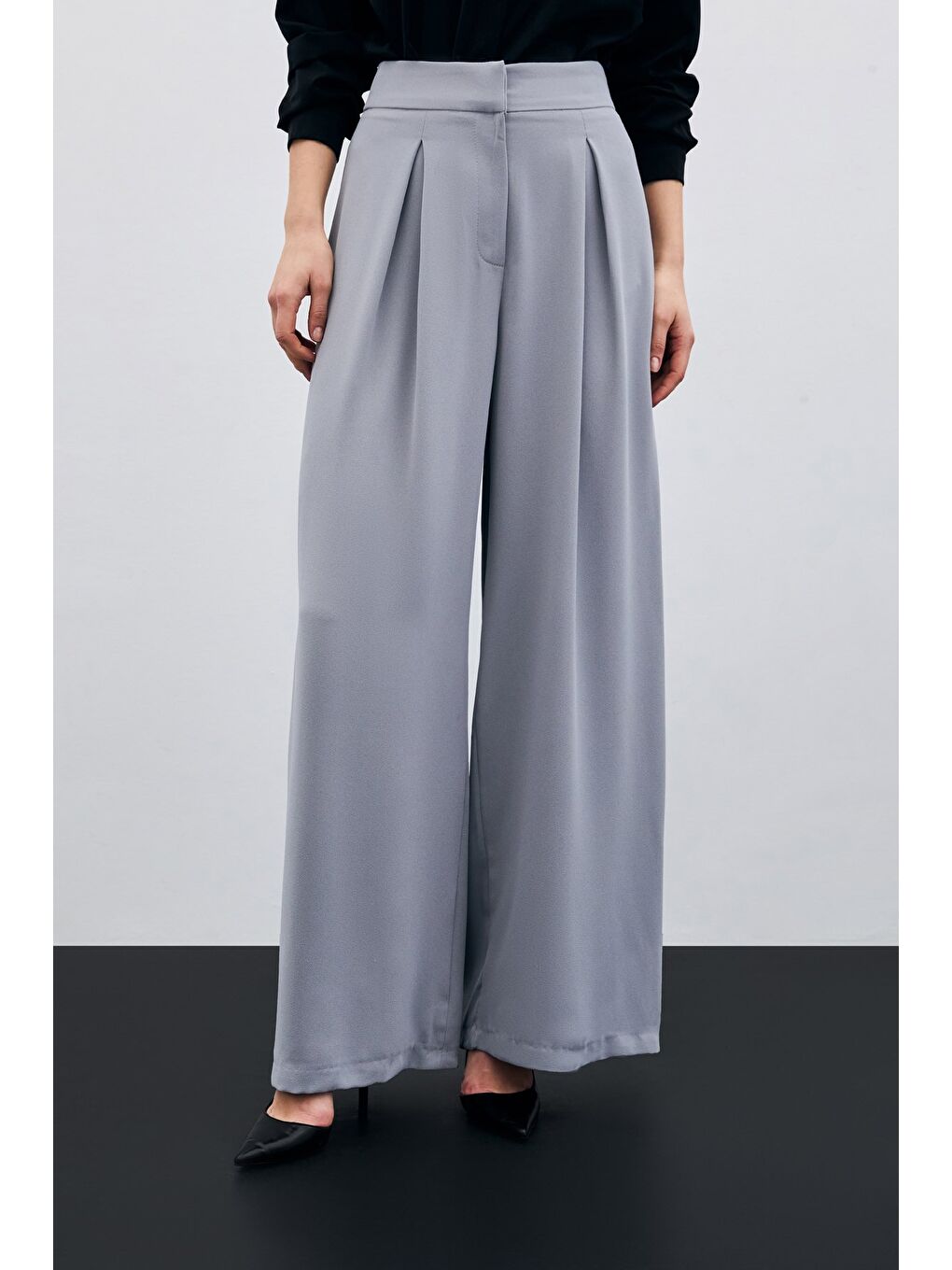 Yüksek Bel Bol Paça Pantolon - Gri-5