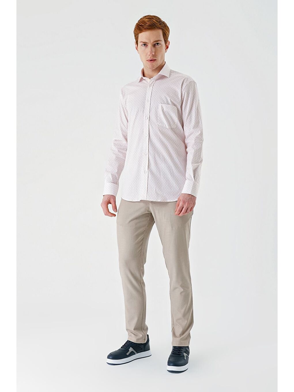 Pembe Somon Uzun Kollu Baskılı  İtalyan Yaka Cepli  Pamuklu Elastanlı  Comfort Fit Gömlek 1004240160-4