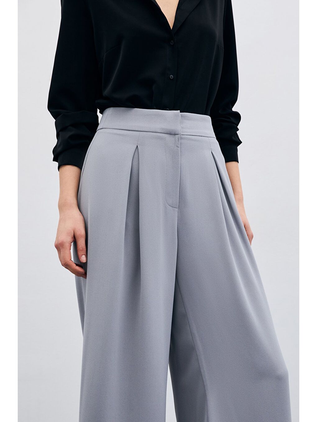 Yüksek Bel Bol Paça Pantolon - Gri-6