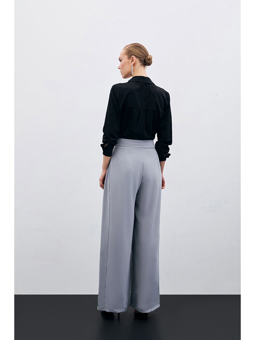 Yüksek Bel Bol Paça Pantolon - Gri-7