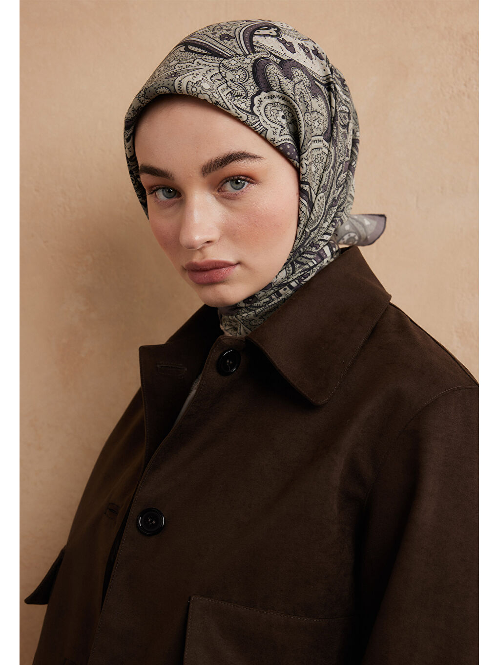 Gri Sıara Desen Pamuk İpek Eşarp Füme-2