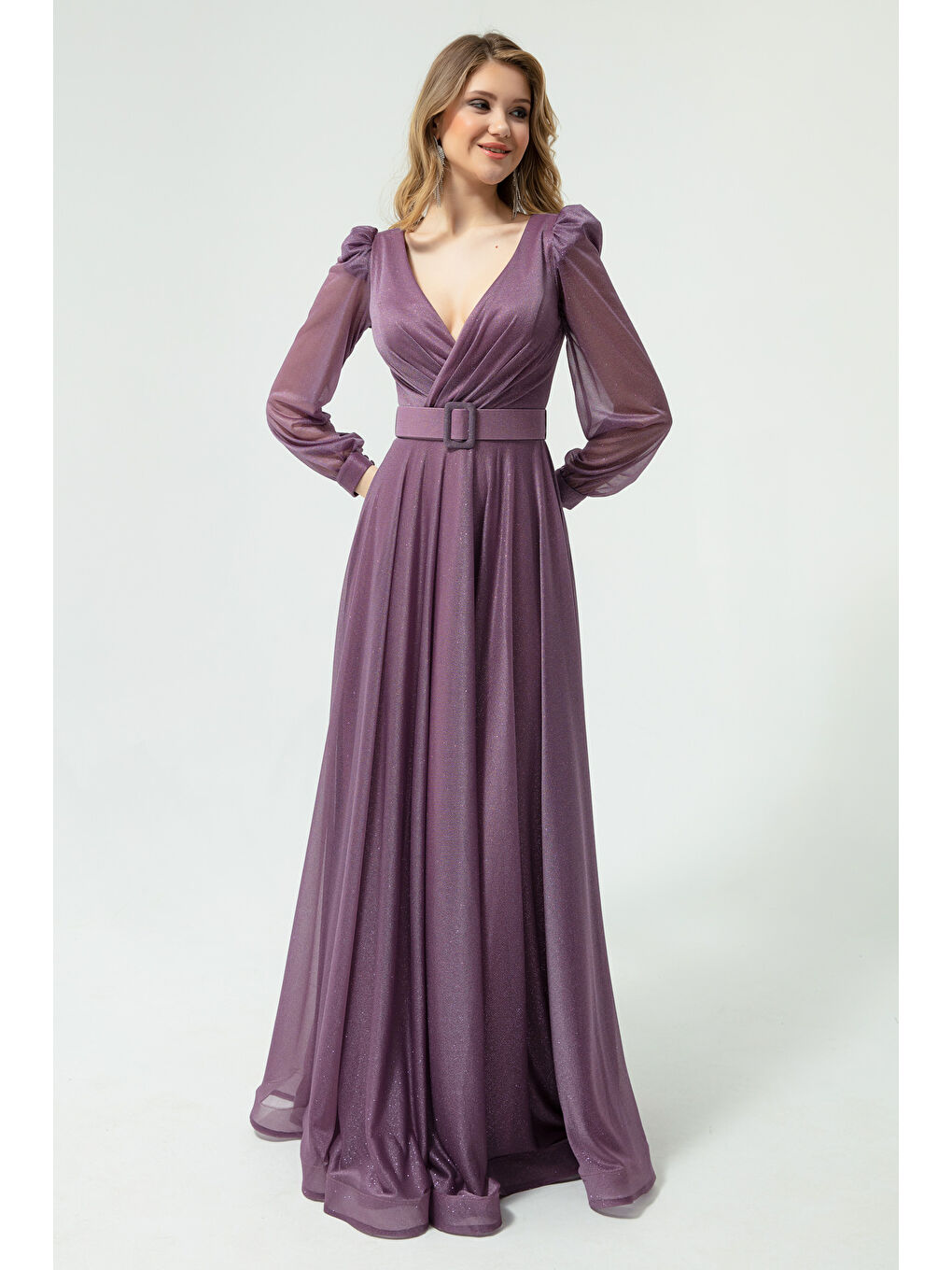 Lila Kadın Lavanta Kruvaze Yaka Simli Uzun Kloş Abiye Elbise-1