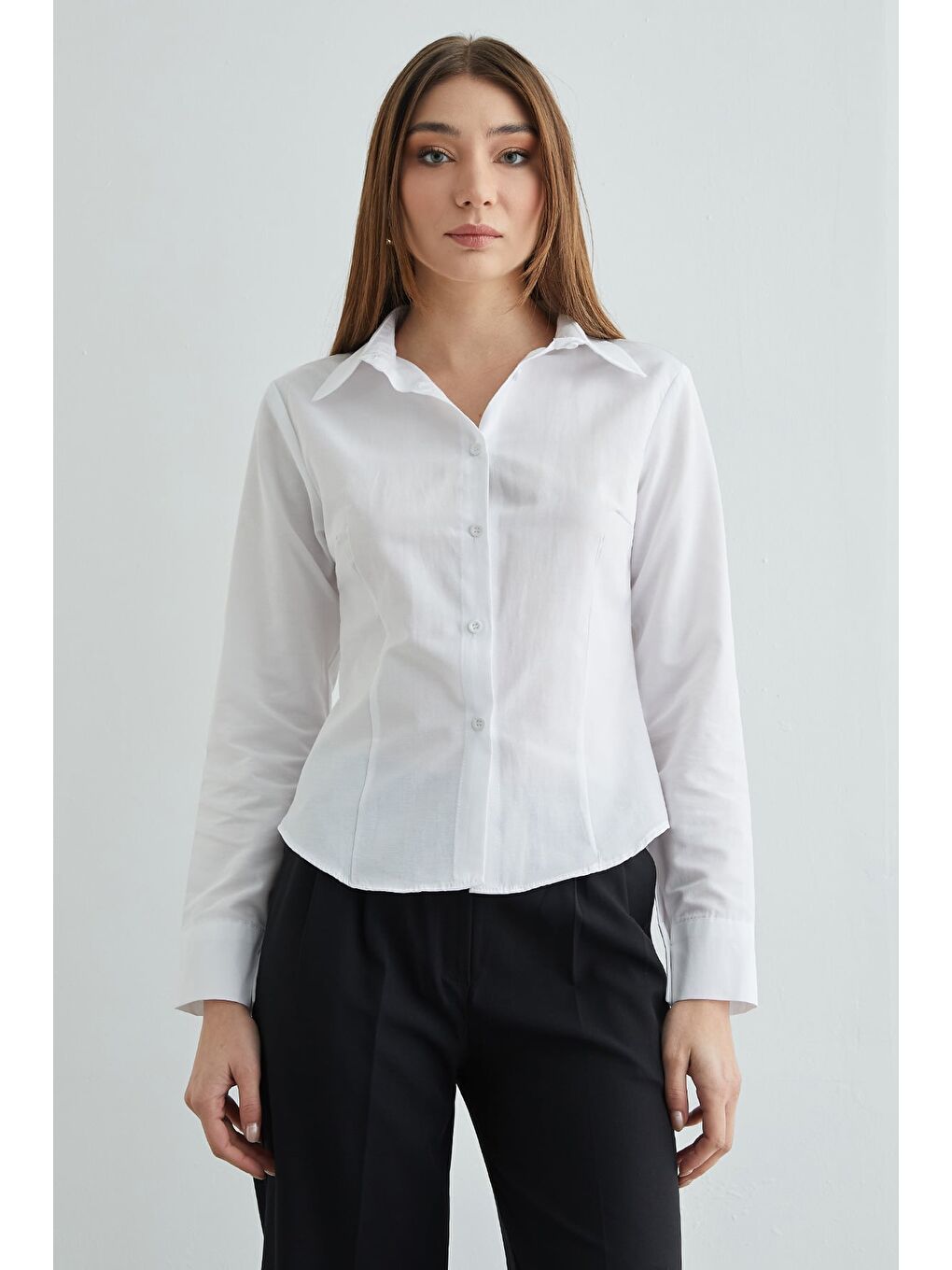 Beyaz Basic Pensli Slim Fit Gömlek-1