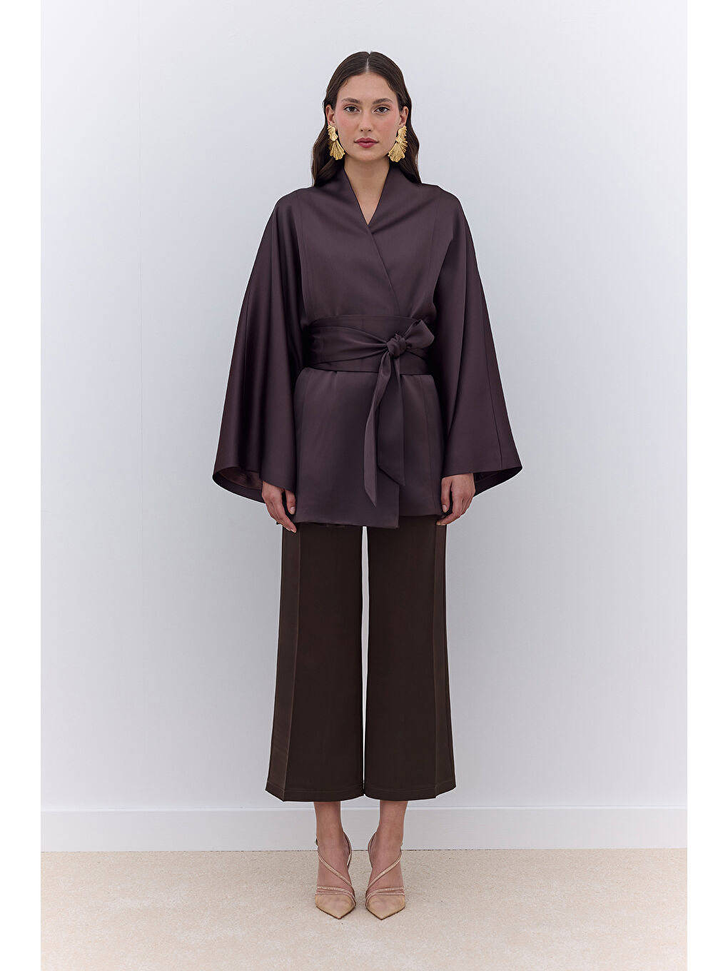 Kahverengi Saten Düz Paça Pantolon Ağaç Kabuğu-1