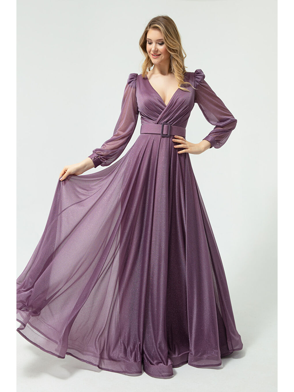 Lila Kadın Lavanta Kruvaze Yaka Simli Uzun Kloş Abiye Elbise-2