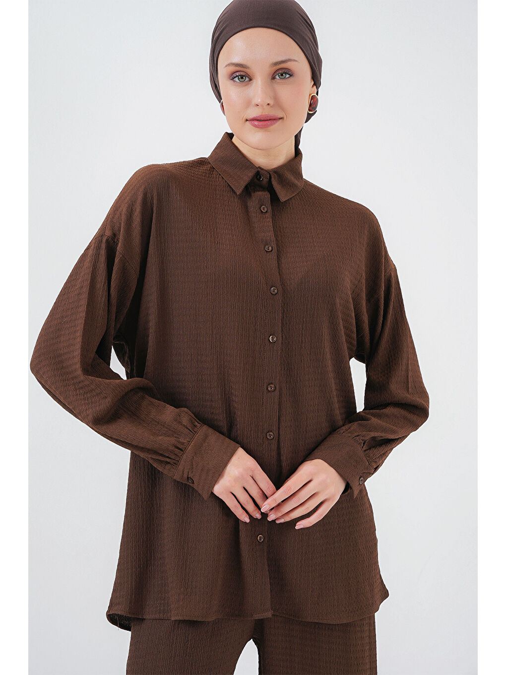 Kadın Örme Tesettür Alt Üst Takım 6711 - Kahverengi-1