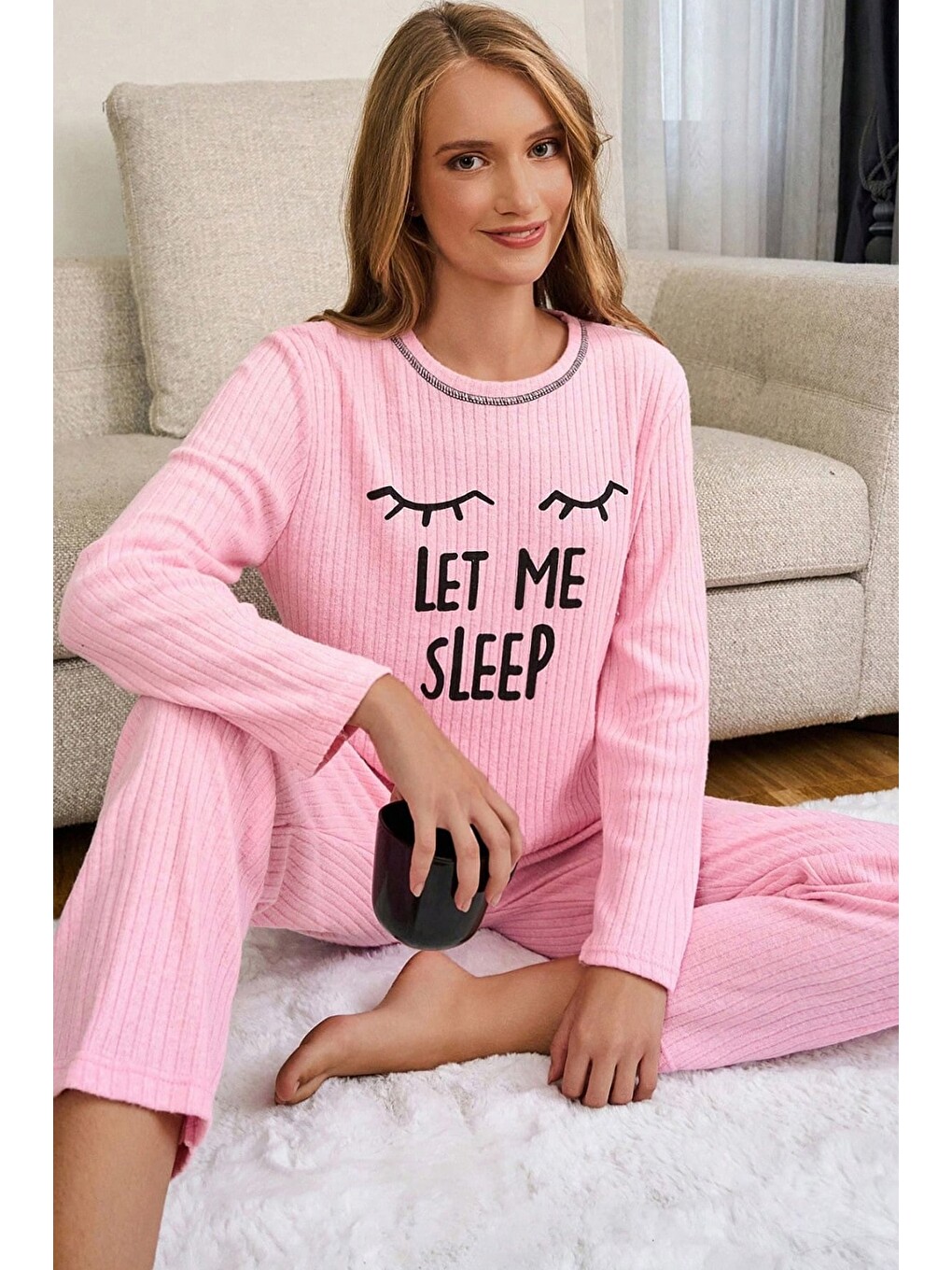 Pembe Let Me Slee P Baskılı Büyük Beden Pijama Takımı