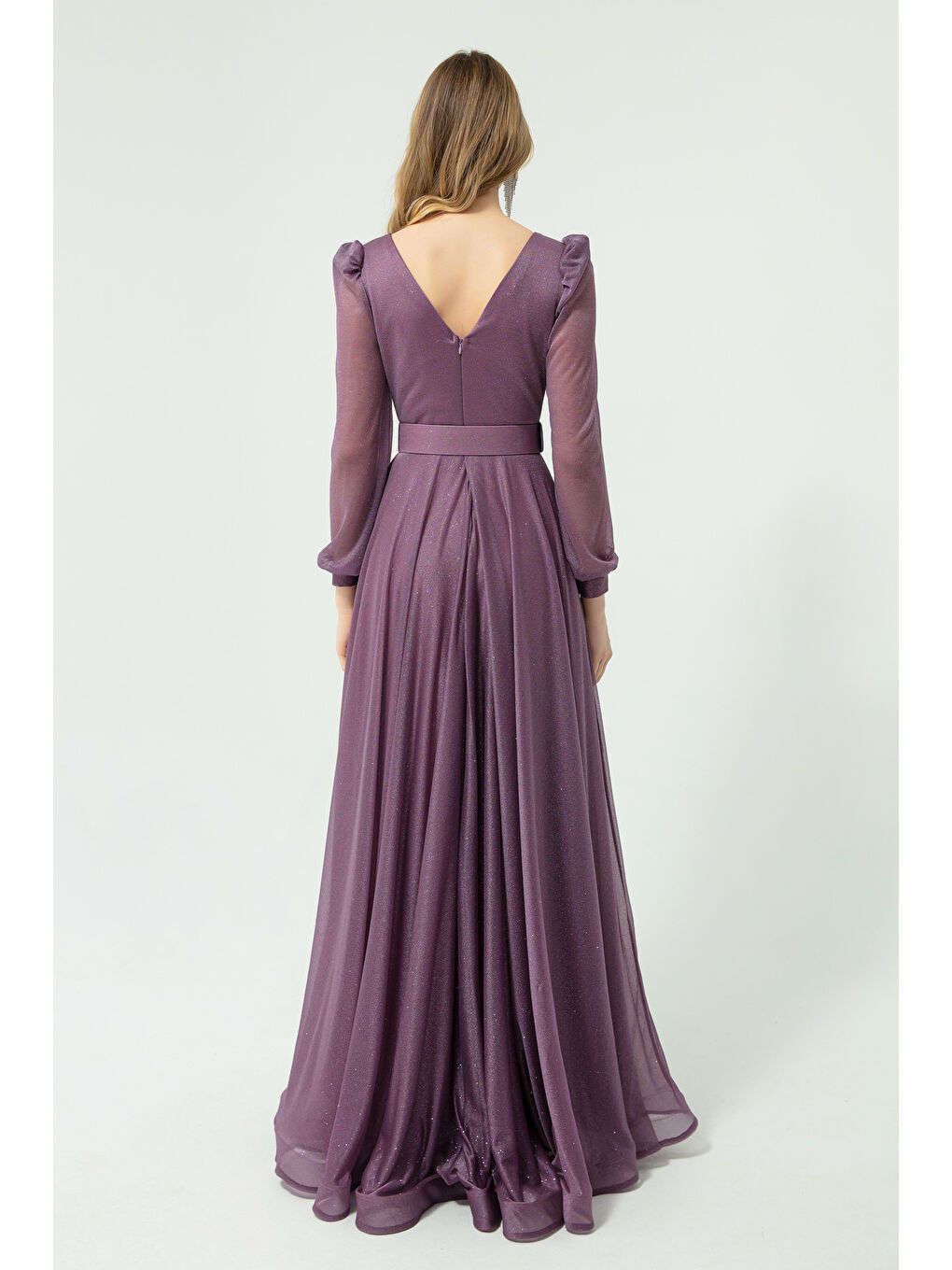 Lila Kadın Lavanta Kruvaze Yaka Simli Uzun Kloş Abiye Elbise-3