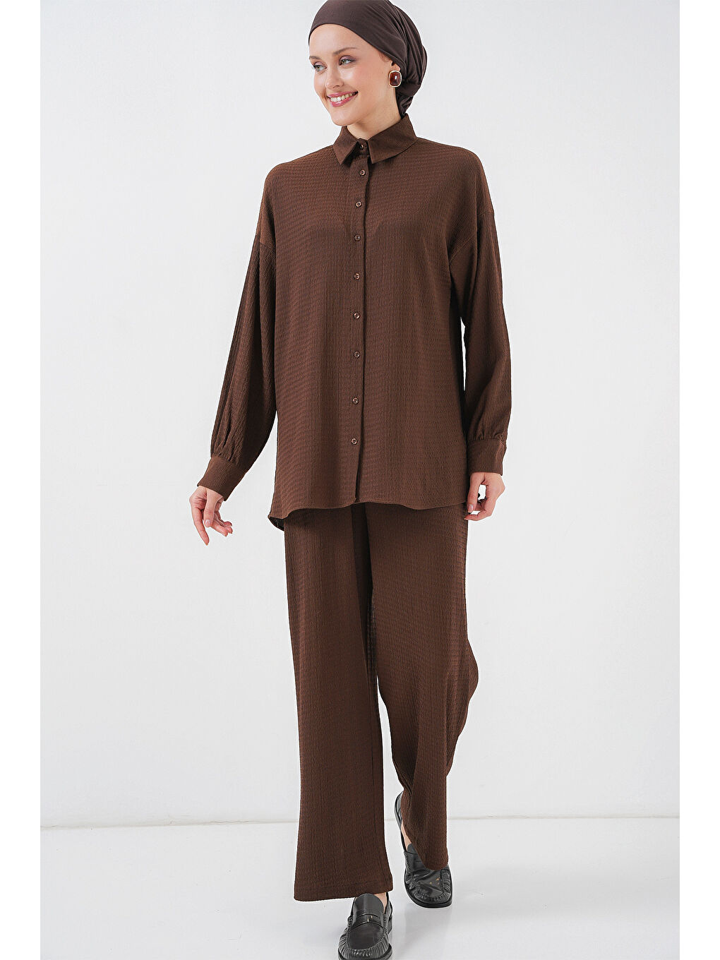 Kadın Örme Tesettür Alt Üst Takım 6711 - Kahverengi-2