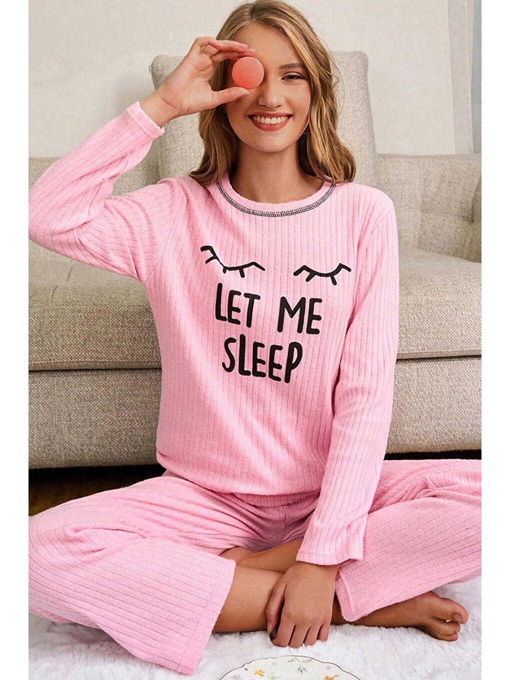 Pembe Let Me Slee P Baskılı Büyük Beden Pijama Takımı-1