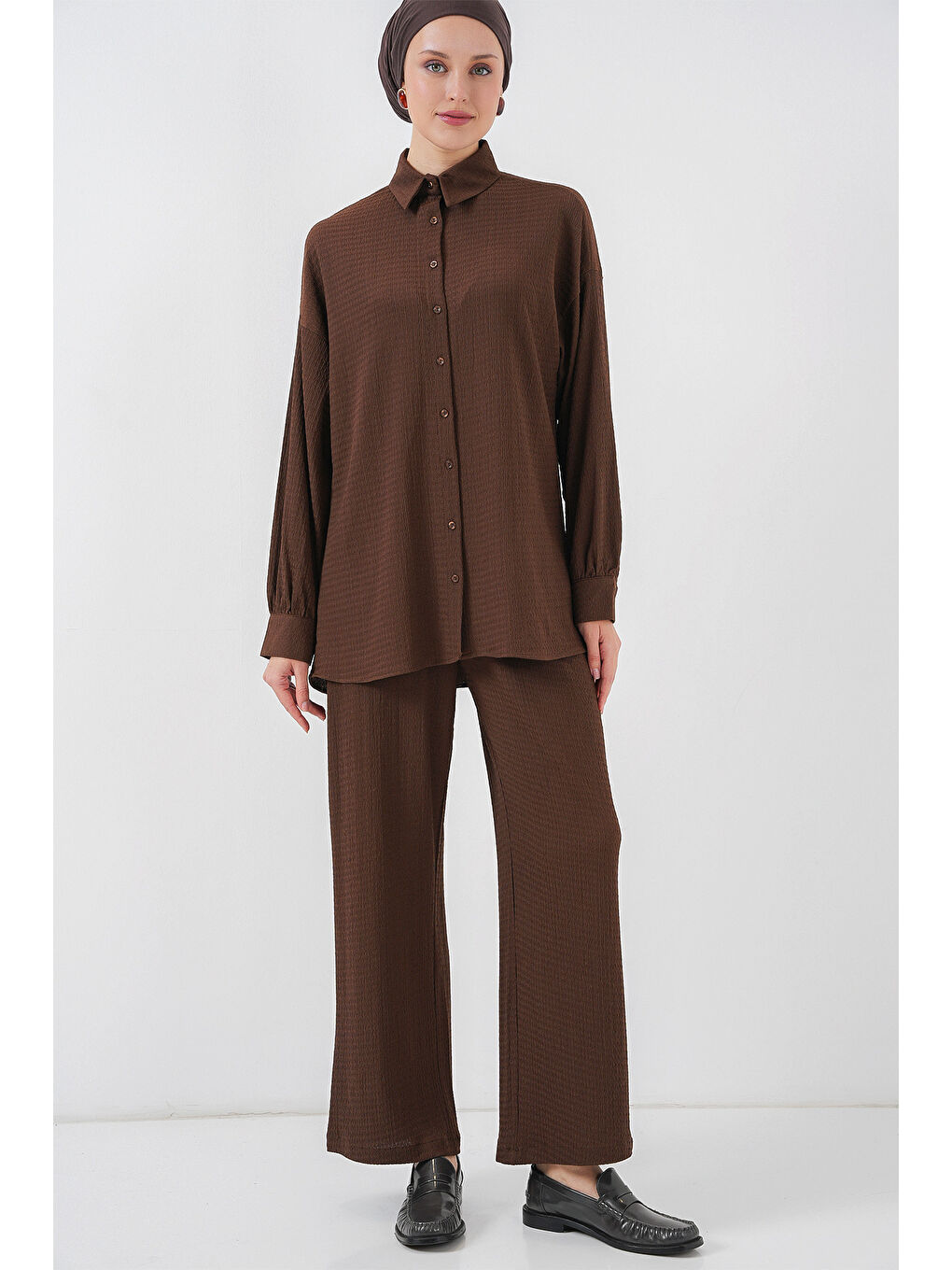 Kadın Örme Tesettür Alt Üst Takım 6711 - Kahverengi-3