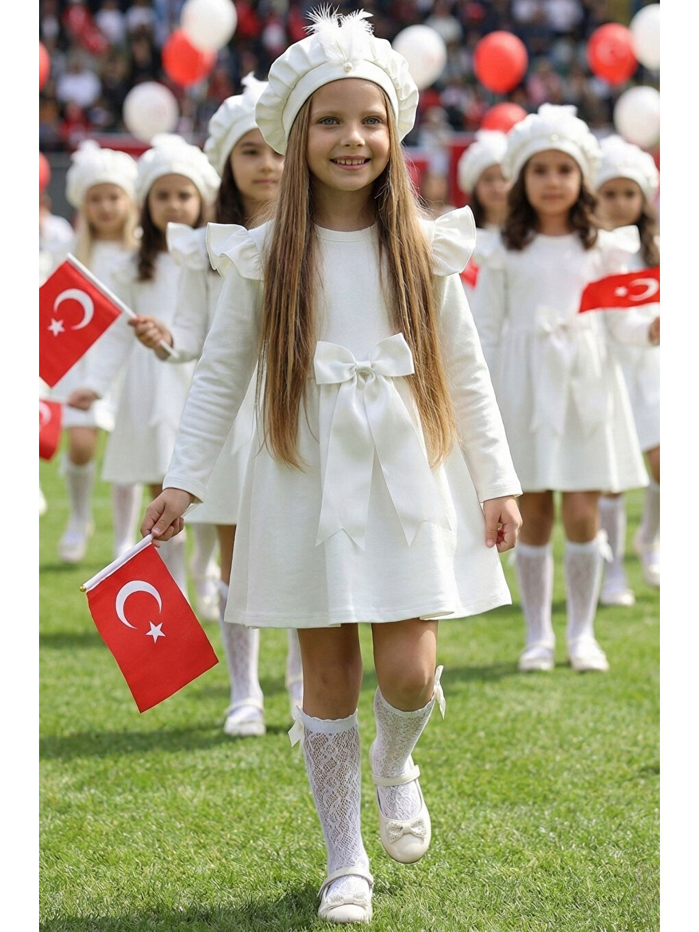 Ekru Kız Çocuk Pamuklu Fiyonk Detaylı Elbise