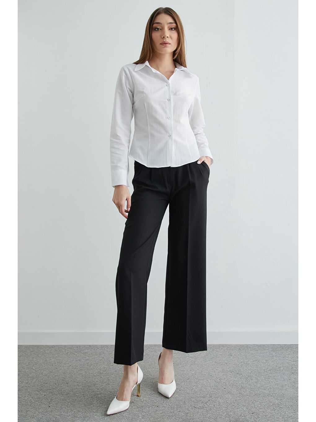 Beyaz Basic Pensli Slim Fit Gömlek-2