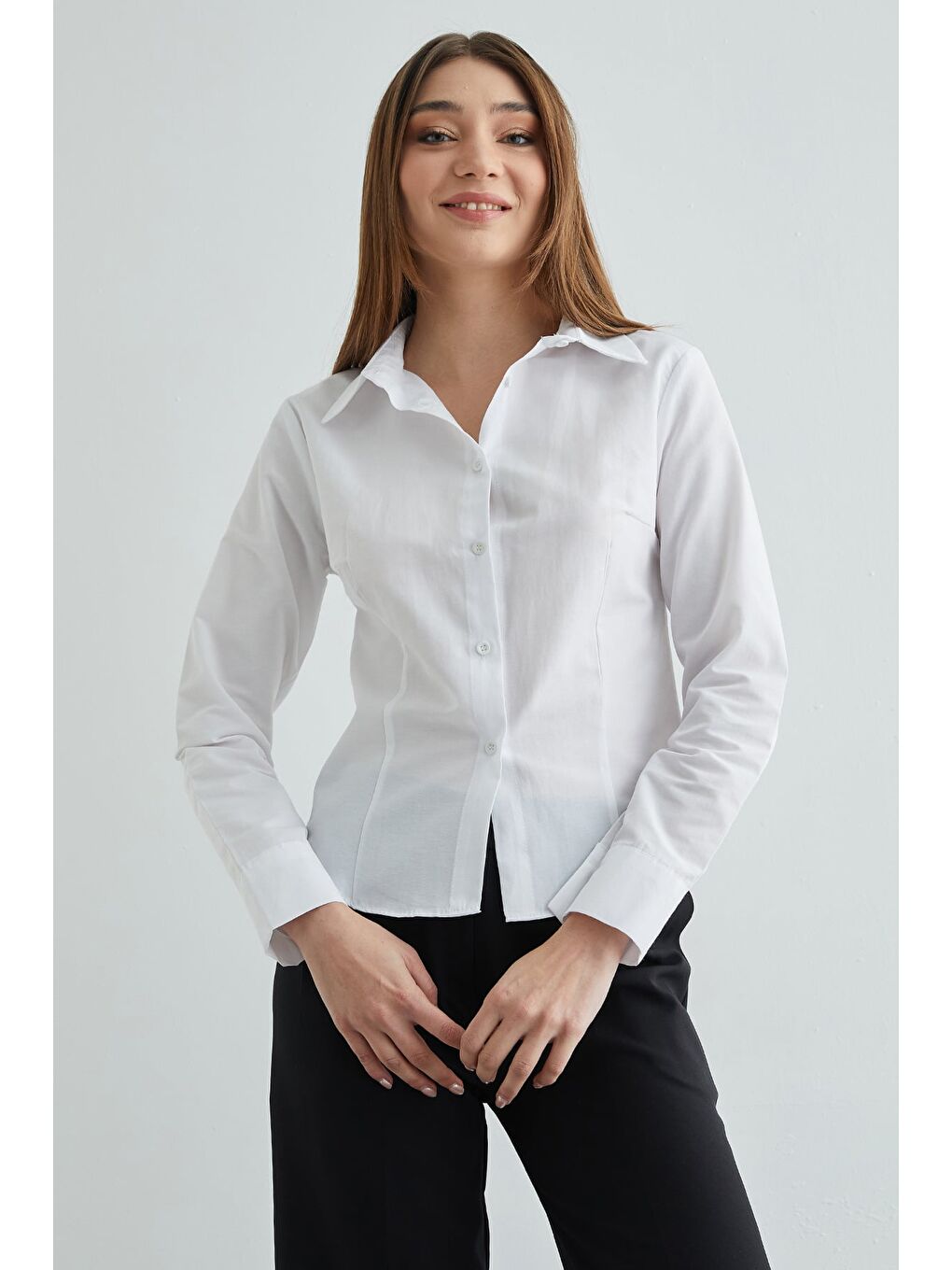 Beyaz Basic Pensli Slim Fit Gömlek-3