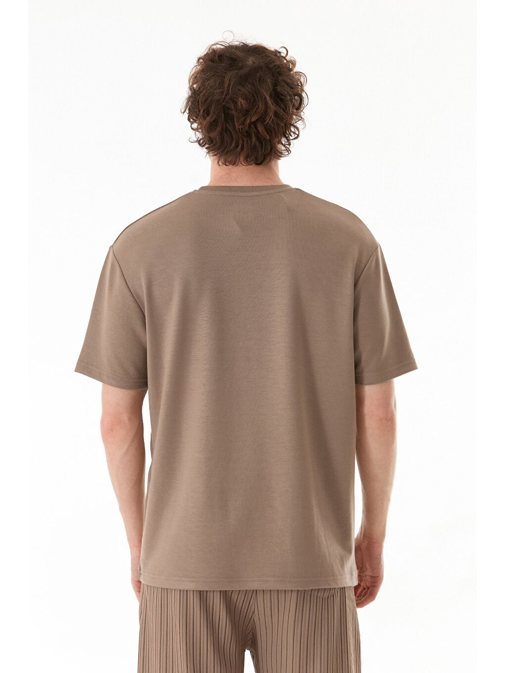 Kahverengi Basic Bisiklet Yaka Penye Tişört-3