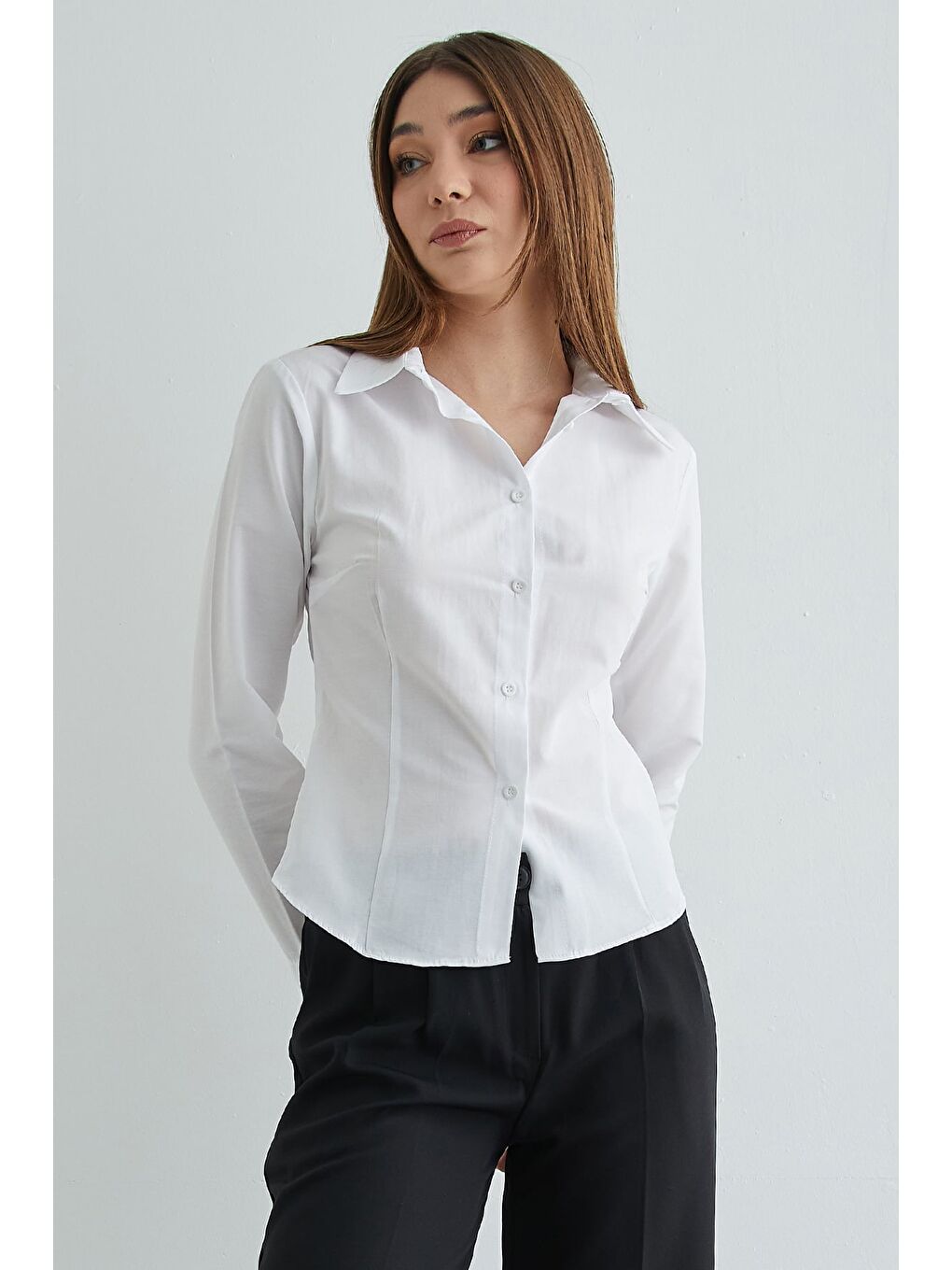 Beyaz Basic Pensli Slim Fit Gömlek-4