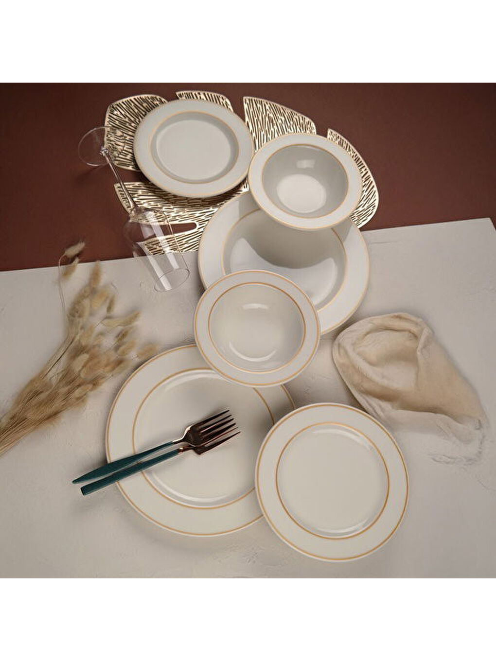 Altın File Bonsai 18 Parça Yemek Seti - Ekru-1