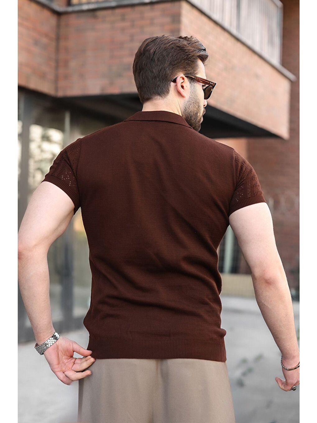 Kahverengi Delikli Polo Yaka Erkek Triko Tişört E7495-3
