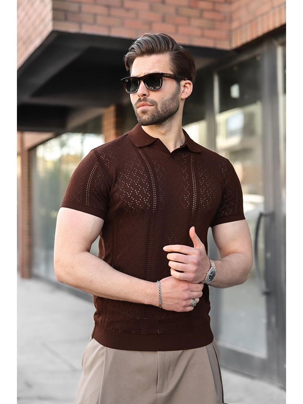 Kahverengi Delikli Polo Yaka Erkek Triko Tişört E7495-4