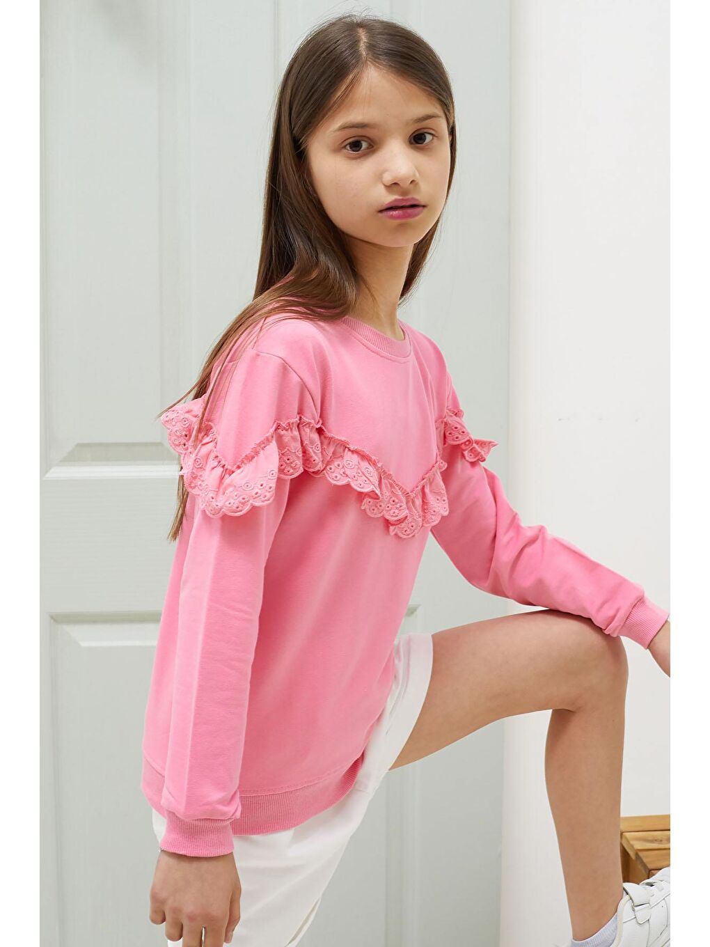 Pembe Life Kids Club Pembe Dantel Detaylı Bisiklet Yaka Kız Çocuk Sweatshirt 18545