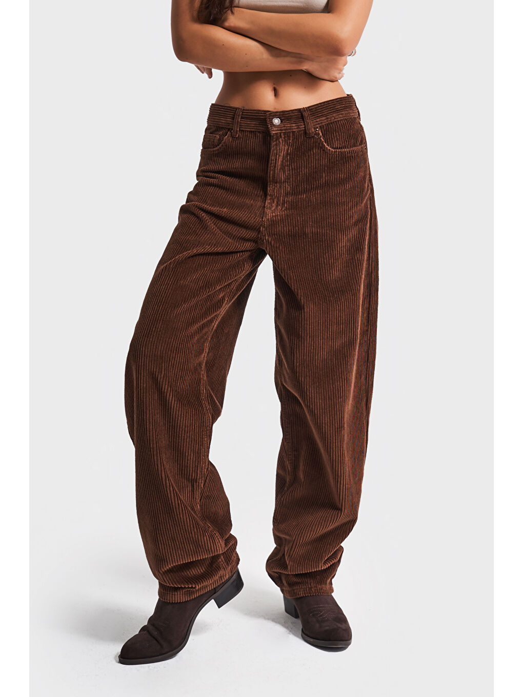 Kadın Kahverengi Cindy 26w5-42 Skater Fit Kalın Fitilli Kadife Velvet Kumaş İç Boy 80cm Pantolon