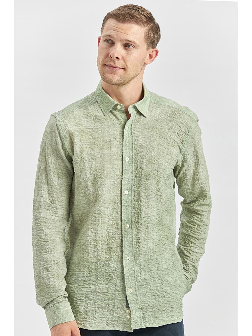 Koyu Yeşil Uzun Kollu Baskılı Gofreli Cepsiz Pamuklu Elastanlı Slim Fit Gömlek 1004240100-1