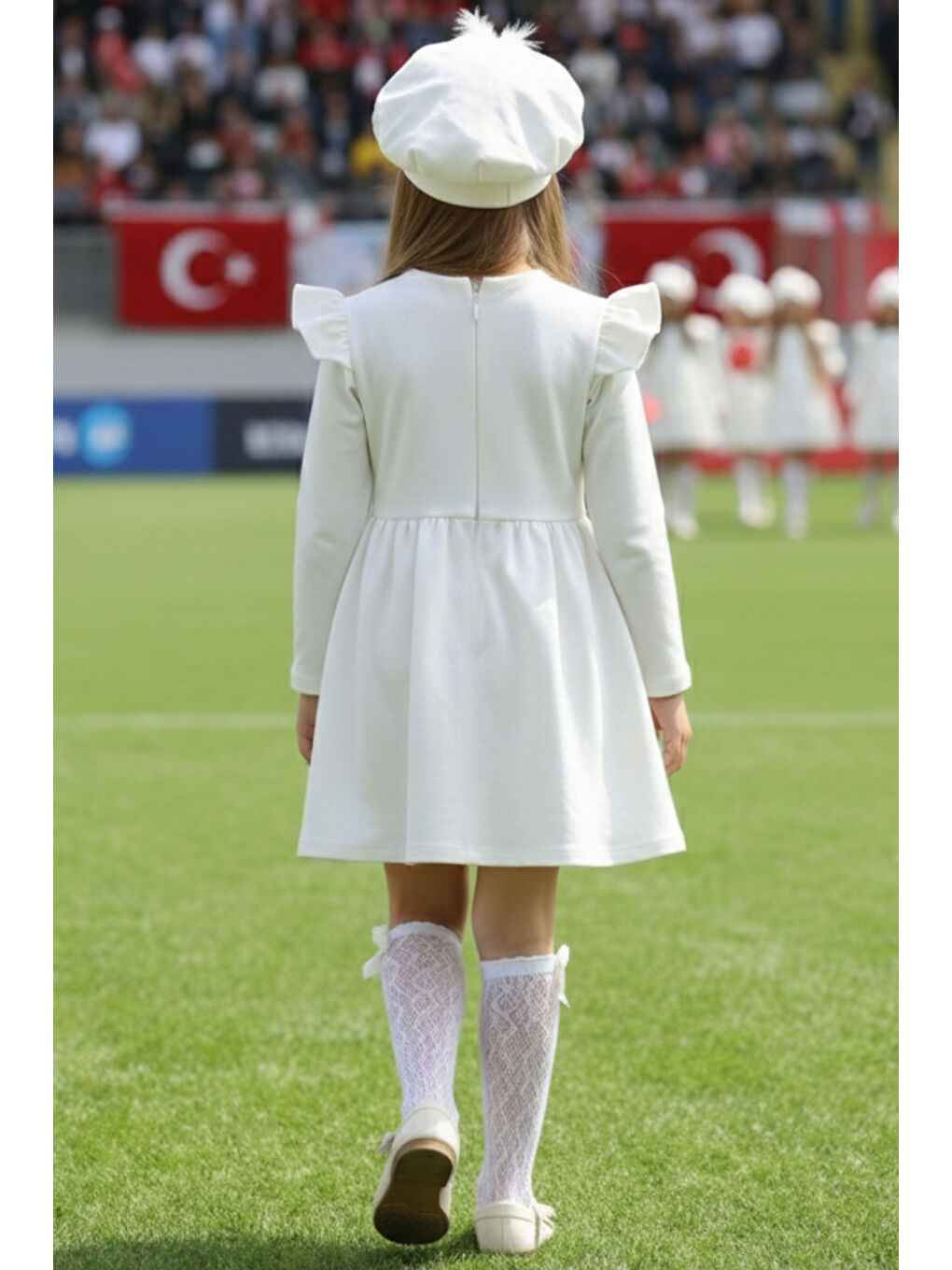 Ekru Kız Çocuk Pamuklu Fiyonk Detaylı Elbise-1
