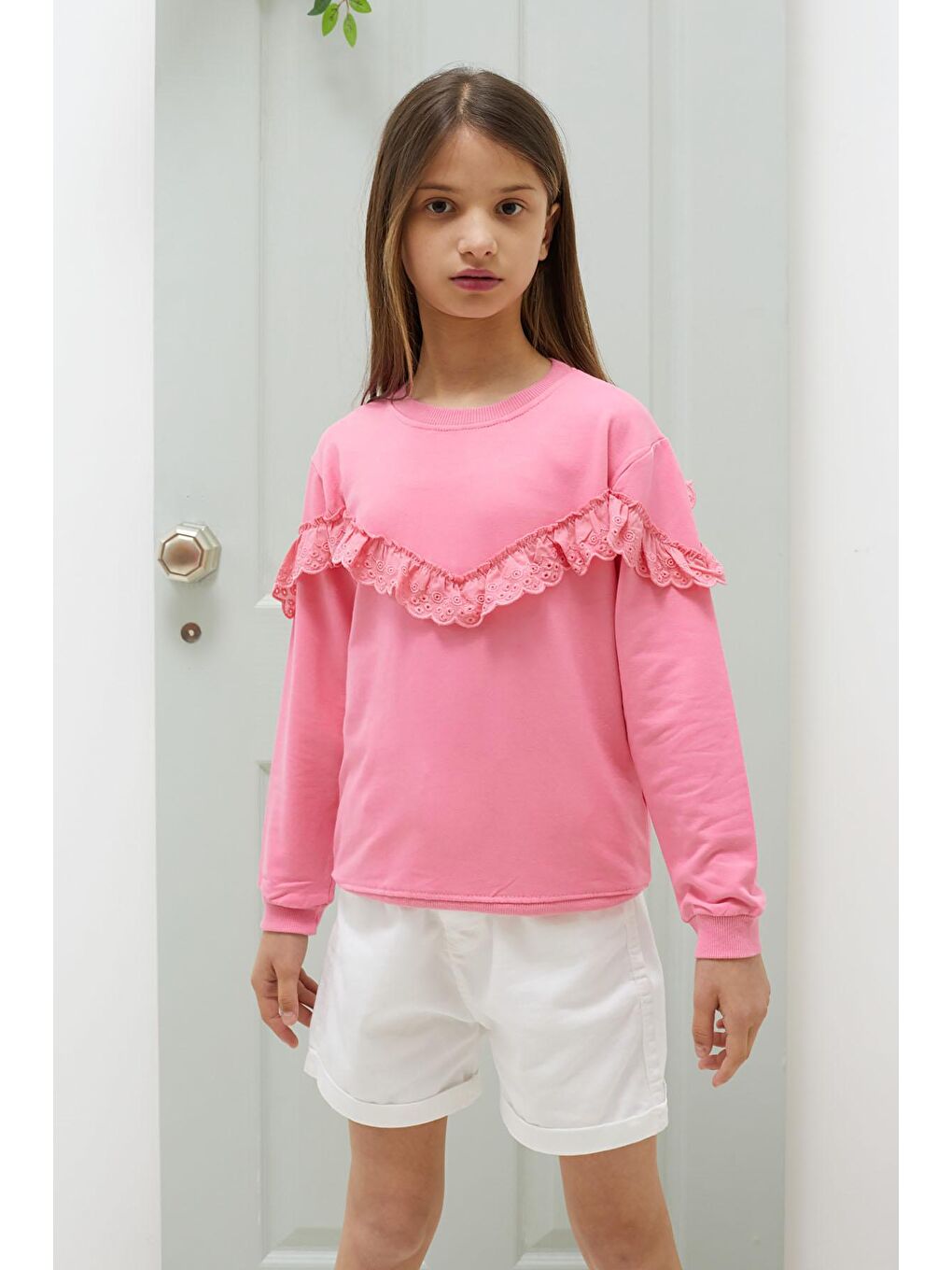 Pembe Life Kids Club Pembe Dantel Detaylı Bisiklet Yaka Kız Çocuk Sweatshirt 18545 - 1