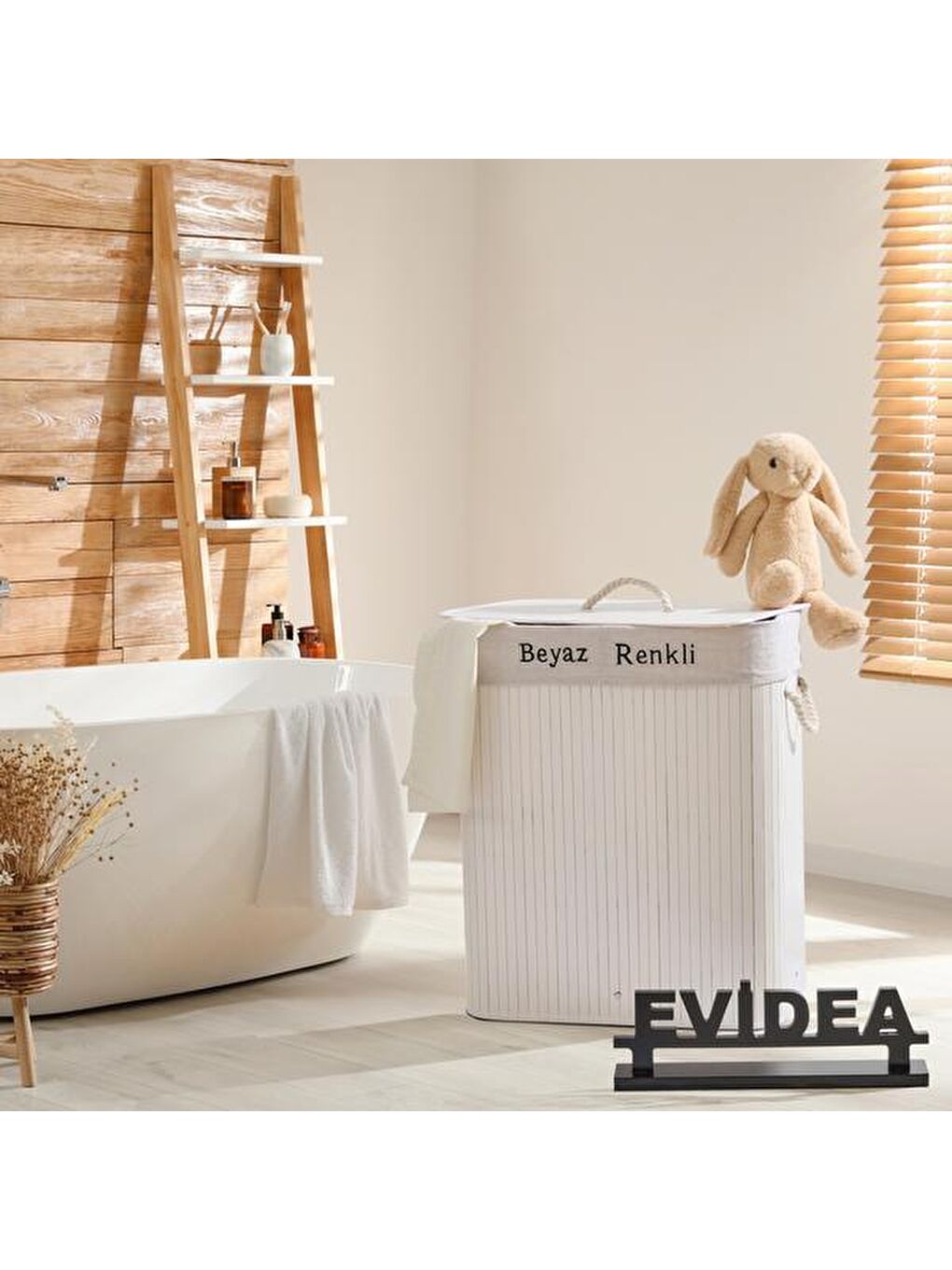Bambu Çift Hazneli Çamaşır Sepeti - Beyaz