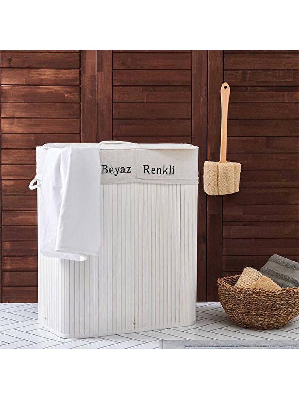 Bambu Çift Hazneli Çamaşır Sepeti - Beyaz-1