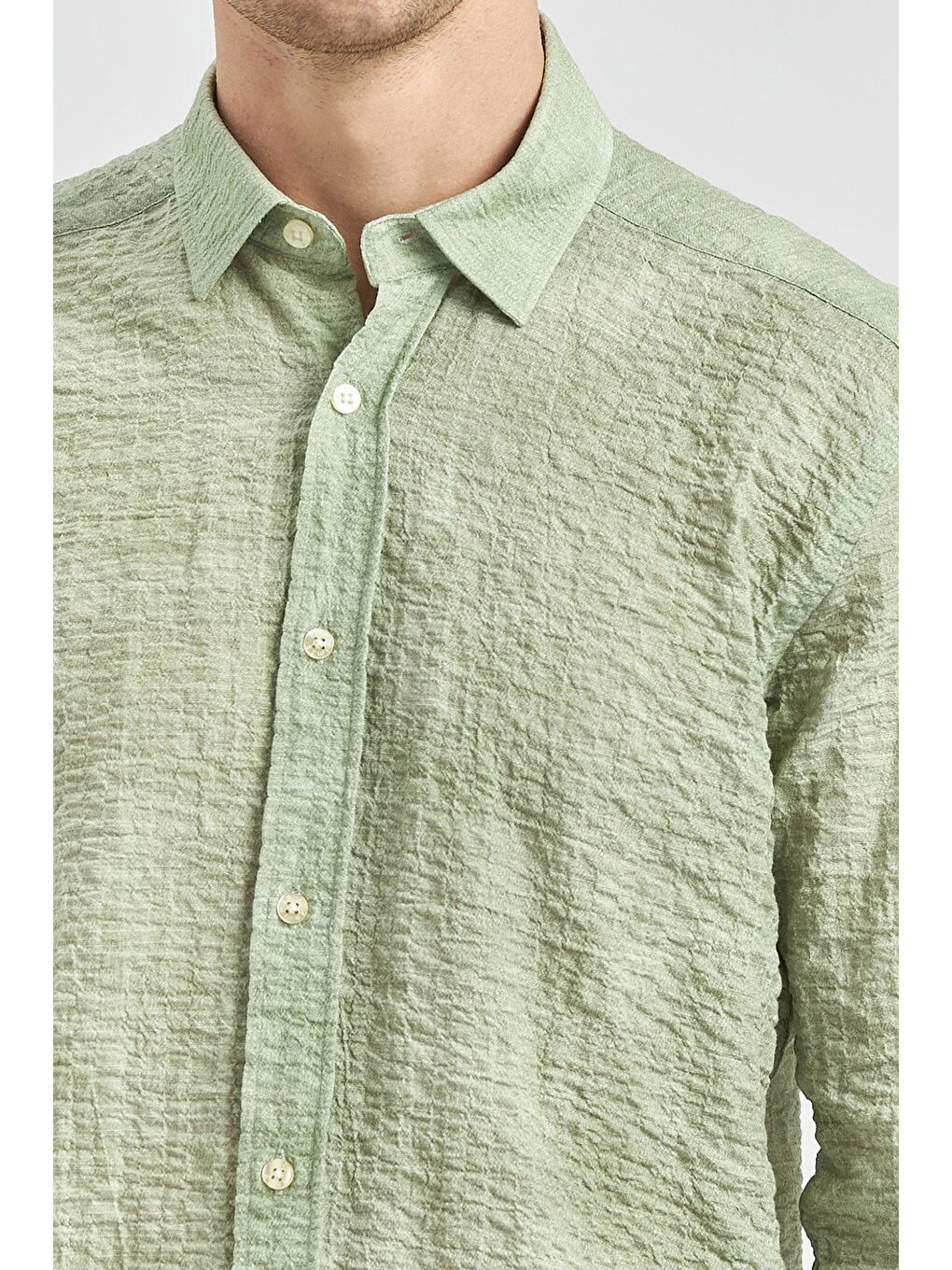 Koyu Yeşil Uzun Kollu Baskılı Gofreli Cepsiz Pamuklu Elastanlı Slim Fit Gömlek 1004240100-2