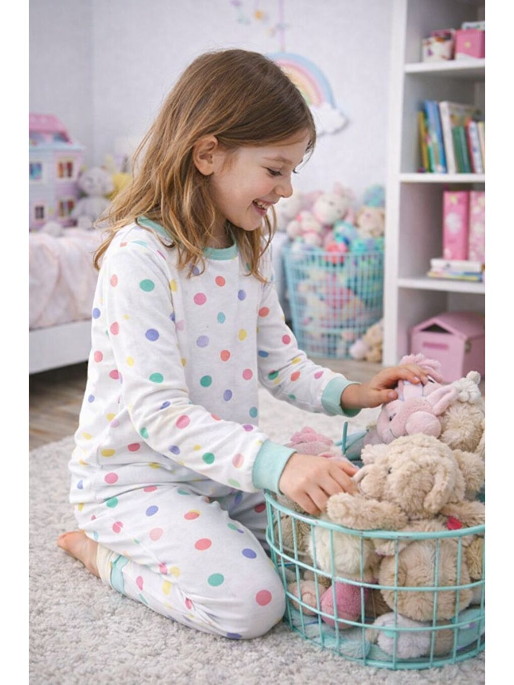 Beyaz Kız Çocuk Renk Paleti Desenli 8 - 13 Yaş Pijama Takımı-1