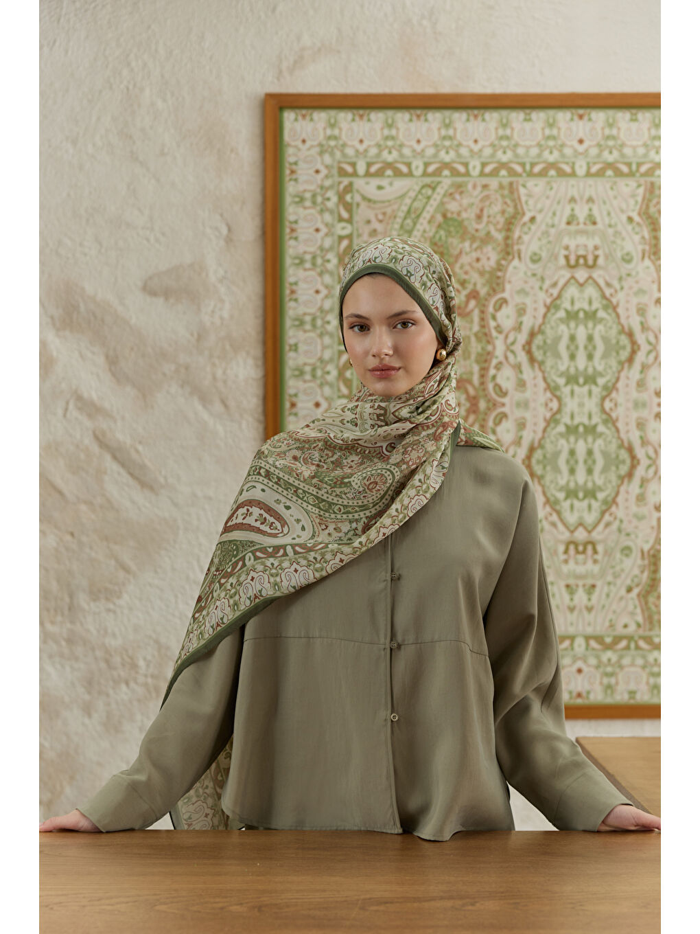 Yeşil Cupra Prive Desenli Şal Saga Olive