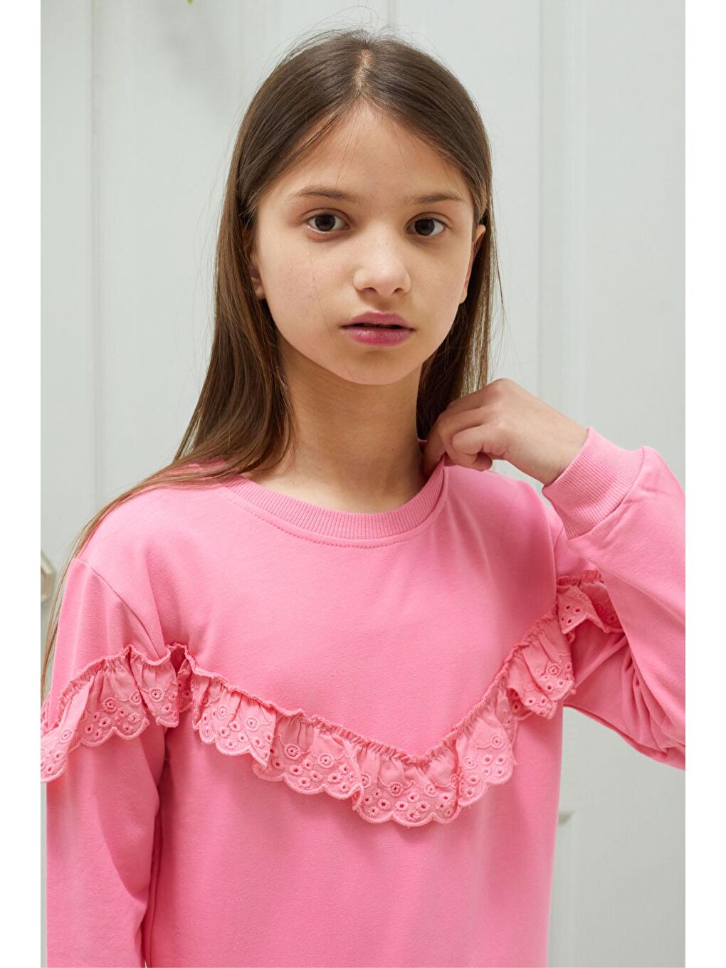 Pembe Life Kids Club Pembe Dantel Detaylı Bisiklet Yaka Kız Çocuk Sweatshirt 18545 - 2