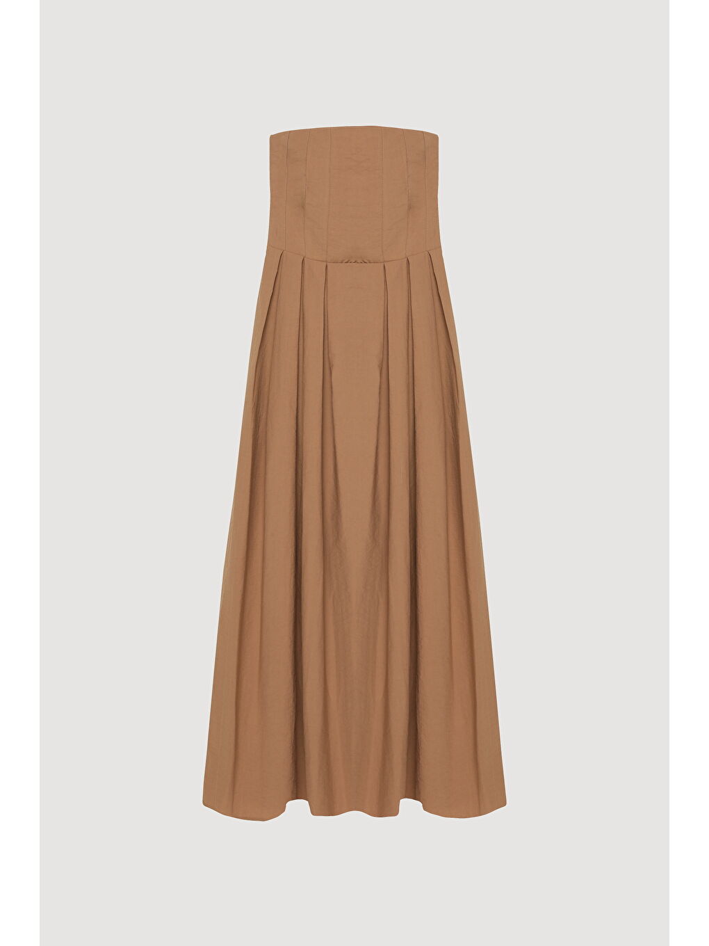 Straplez Pile Detaylı Uzun Elbise Kahverengi