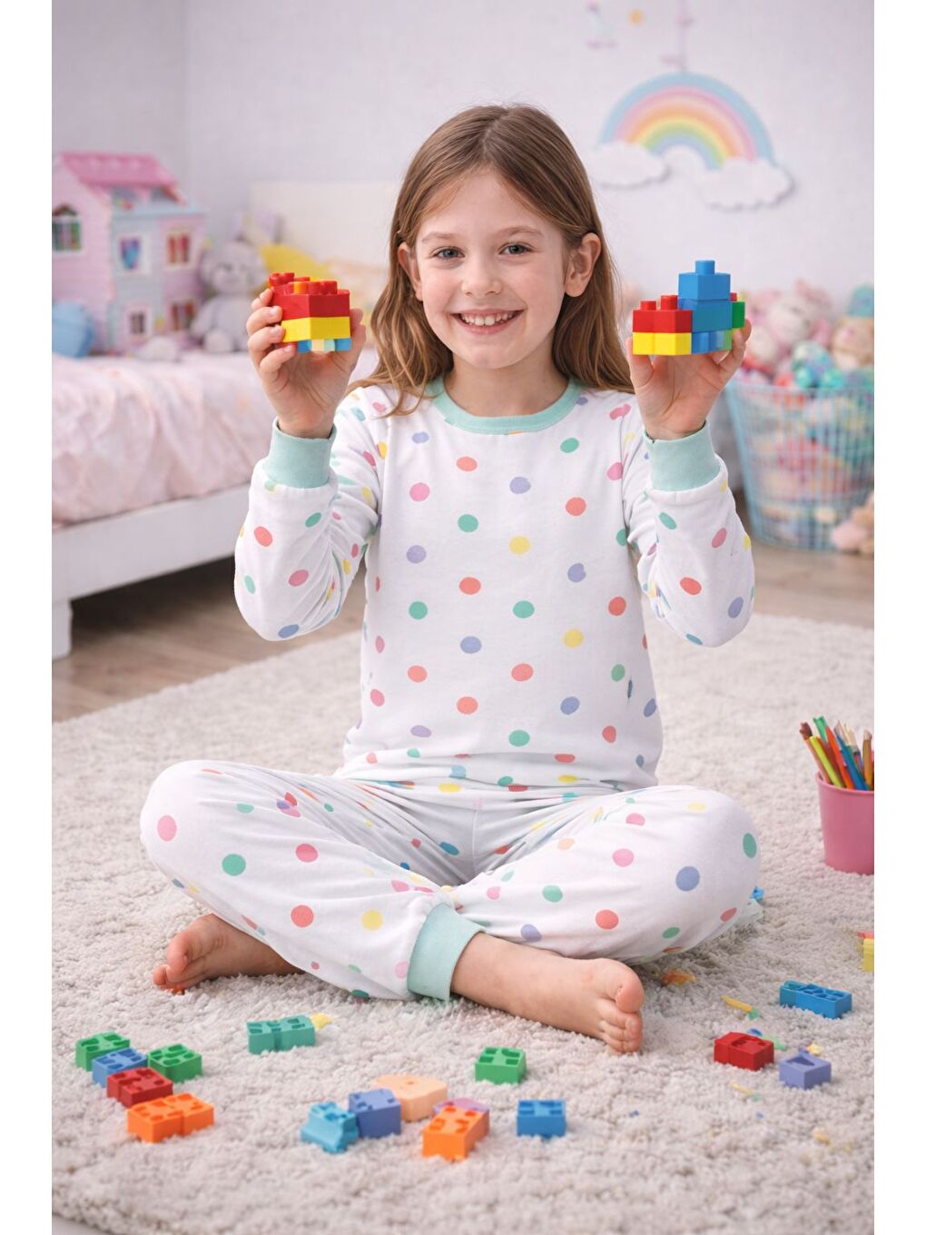 Beyaz Kız Çocuk Renk Paleti Desenli 8 - 13 Yaş Pijama Takımı-2