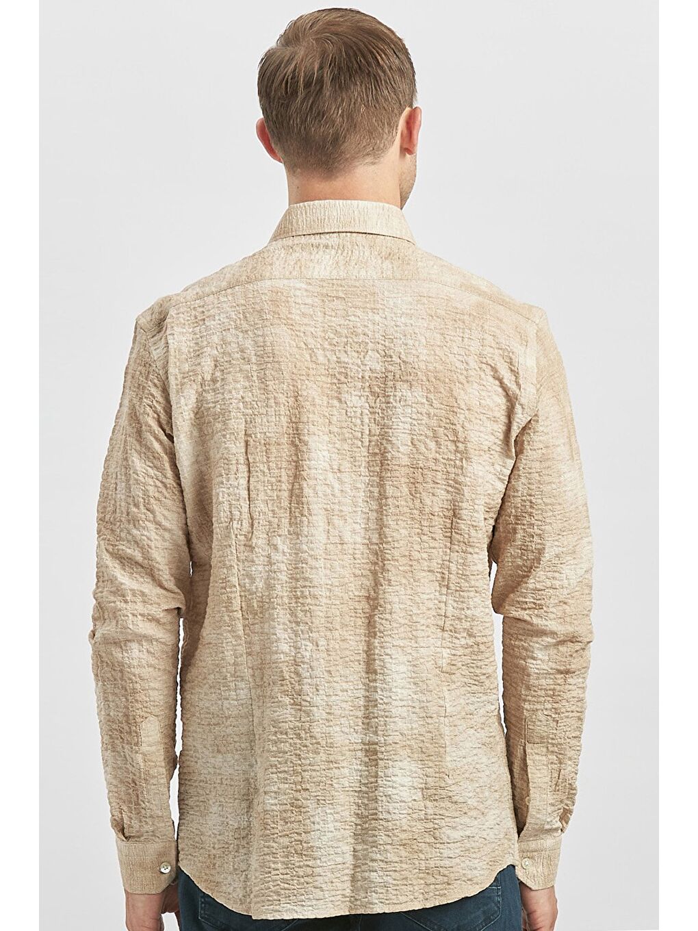 Bej Uzun Kollu Baskılı Gofreli Düğmeli Yaka Cepsiz  Pamuklu Elastanlı  Slim Fit Gömlek 1004240100-5