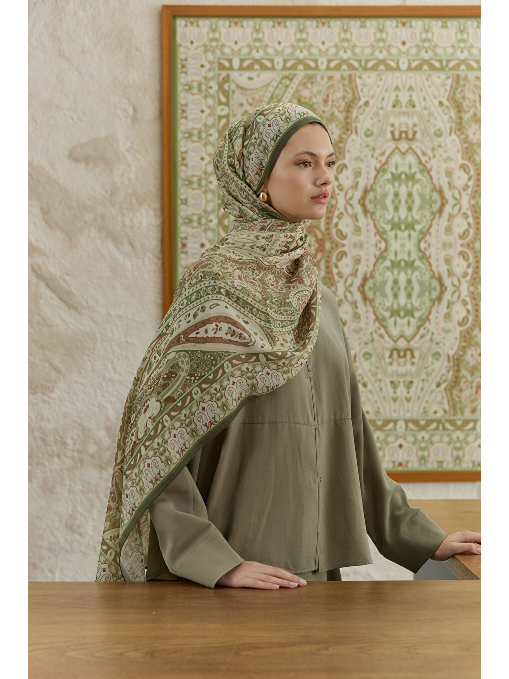 Yeşil Cupra Prive Desenli Şal Saga Olive-1
