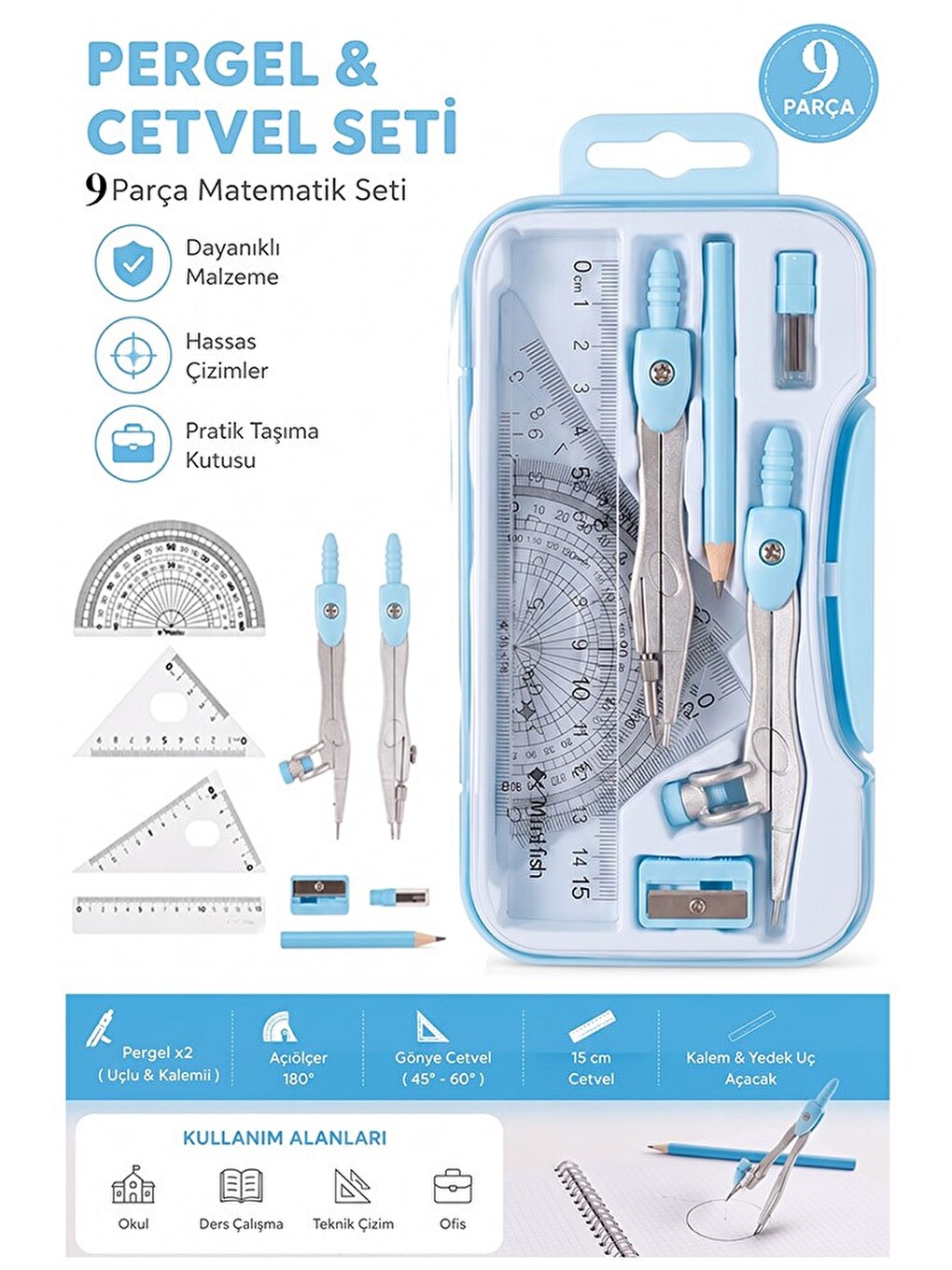 Metal Pergel Seti 9 Parça 1 Paket 9121 Profesyonel Pergel Çizim Proje Matematik Mimar Mühendis Çizim