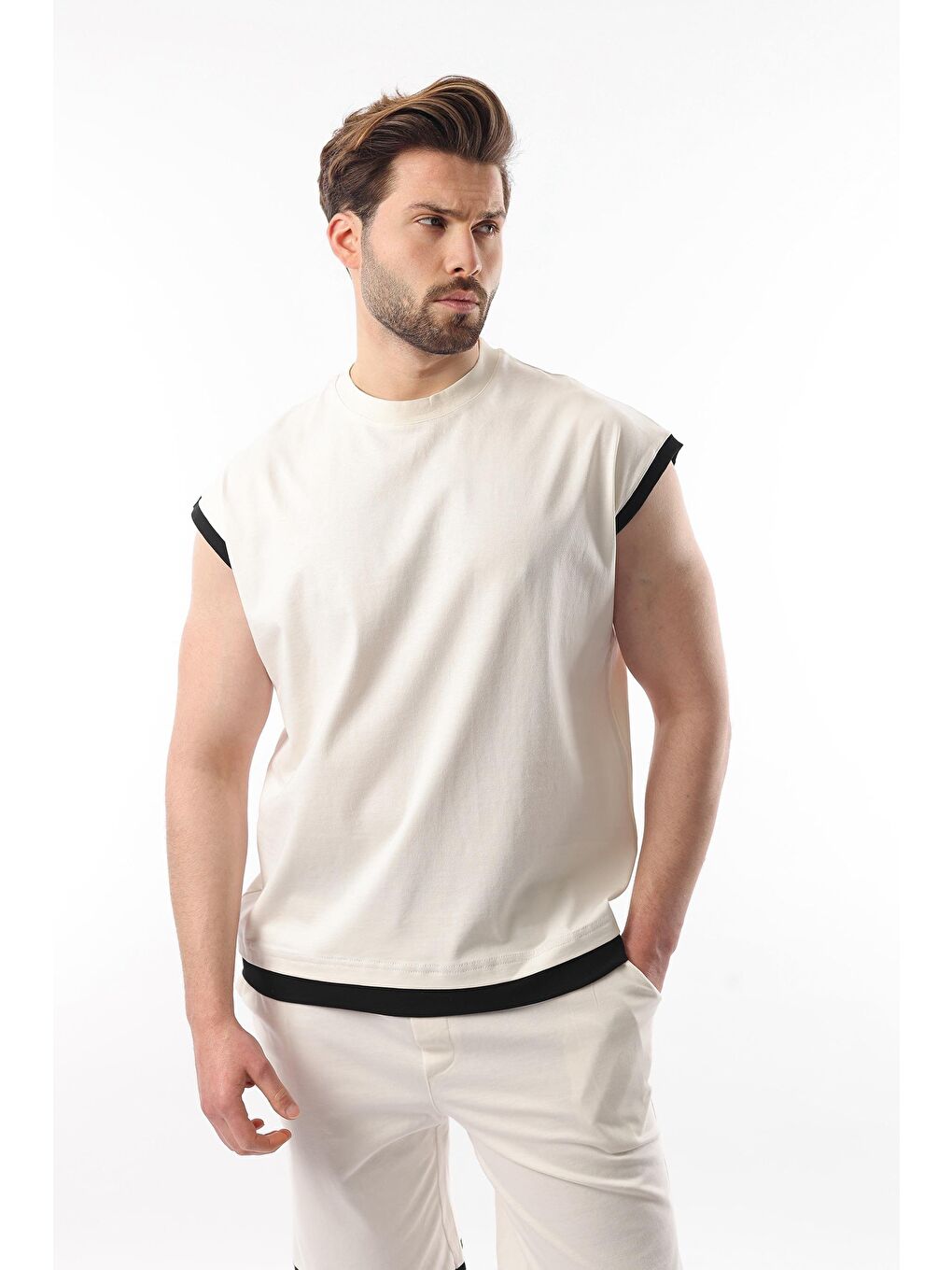 Ekru Sıfır Kol Erkek Şort Tişört %100 Pamuk Takım E7308-1