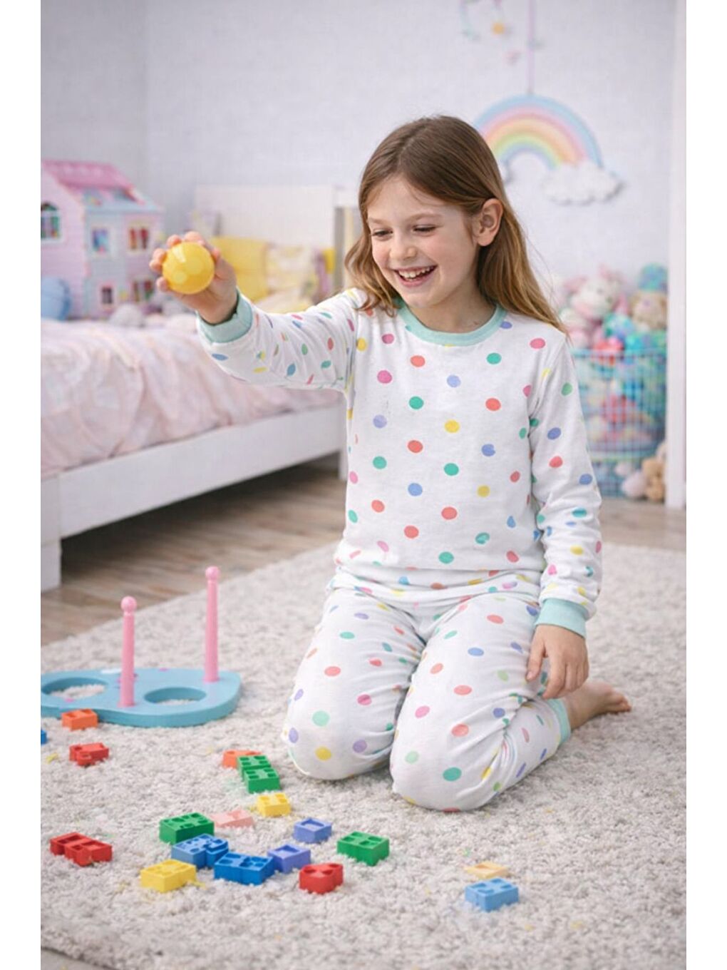 Beyaz Kız Çocuk Renk Paleti Desenli 8 - 13 Yaş Pijama Takımı-3