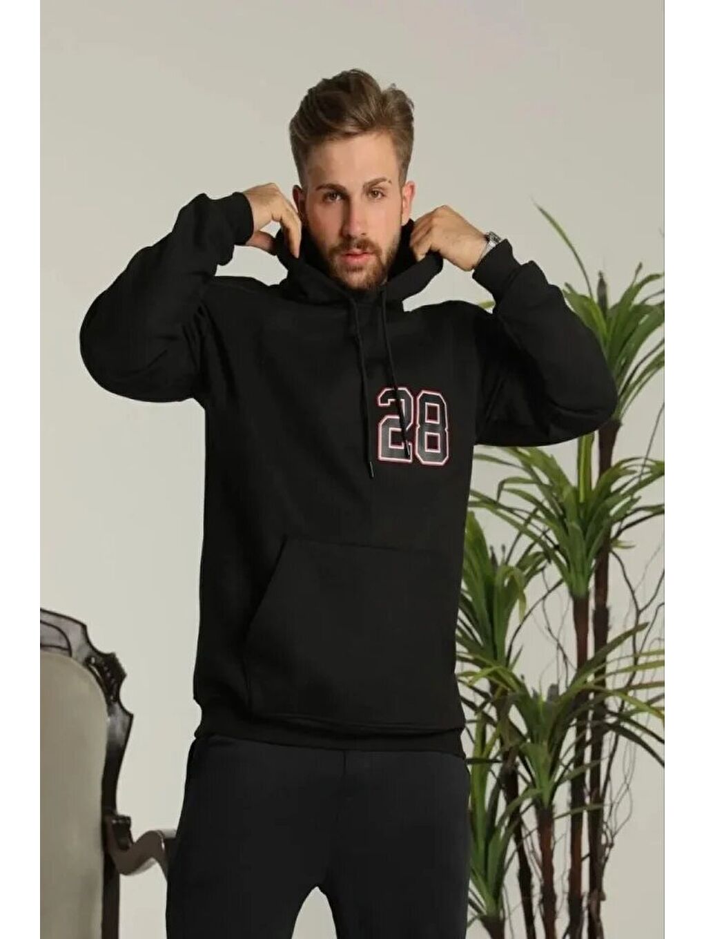 Erkek Sırt Baskılı Oversize Üç İplik Kapüşonlu Sweatshirt - Siyah-1