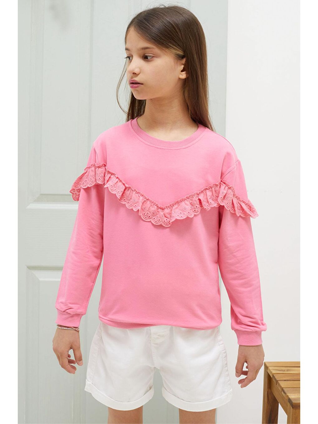 Pembe Life Kids Club Pembe Dantel Detaylı Bisiklet Yaka Kız Çocuk Sweatshirt 18545 - 3