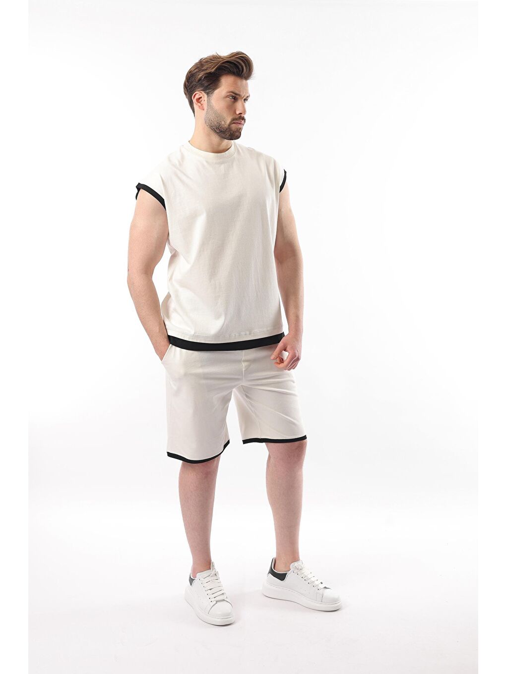 Ekru Sıfır Kol Erkek Şort Tişört %100 Pamuk Takım E7308-2