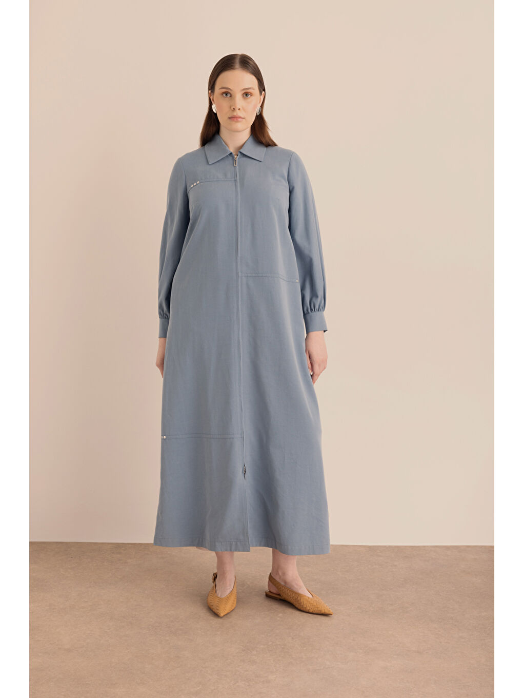 Lacivert Önden Fermuarlı Lyocell Pamuk Ferace