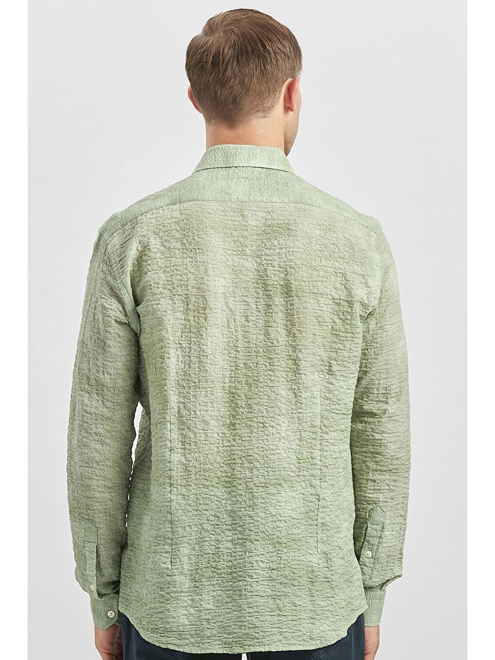 Koyu Yeşil Uzun Kollu Baskılı Gofreli Cepsiz Pamuklu Elastanlı Slim Fit Gömlek 1004240100-5