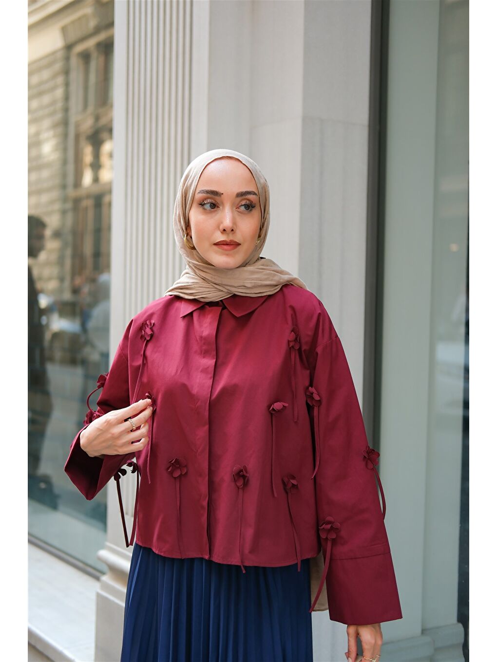 Kadın Çiçek Desenli Gömlek Bordo-1