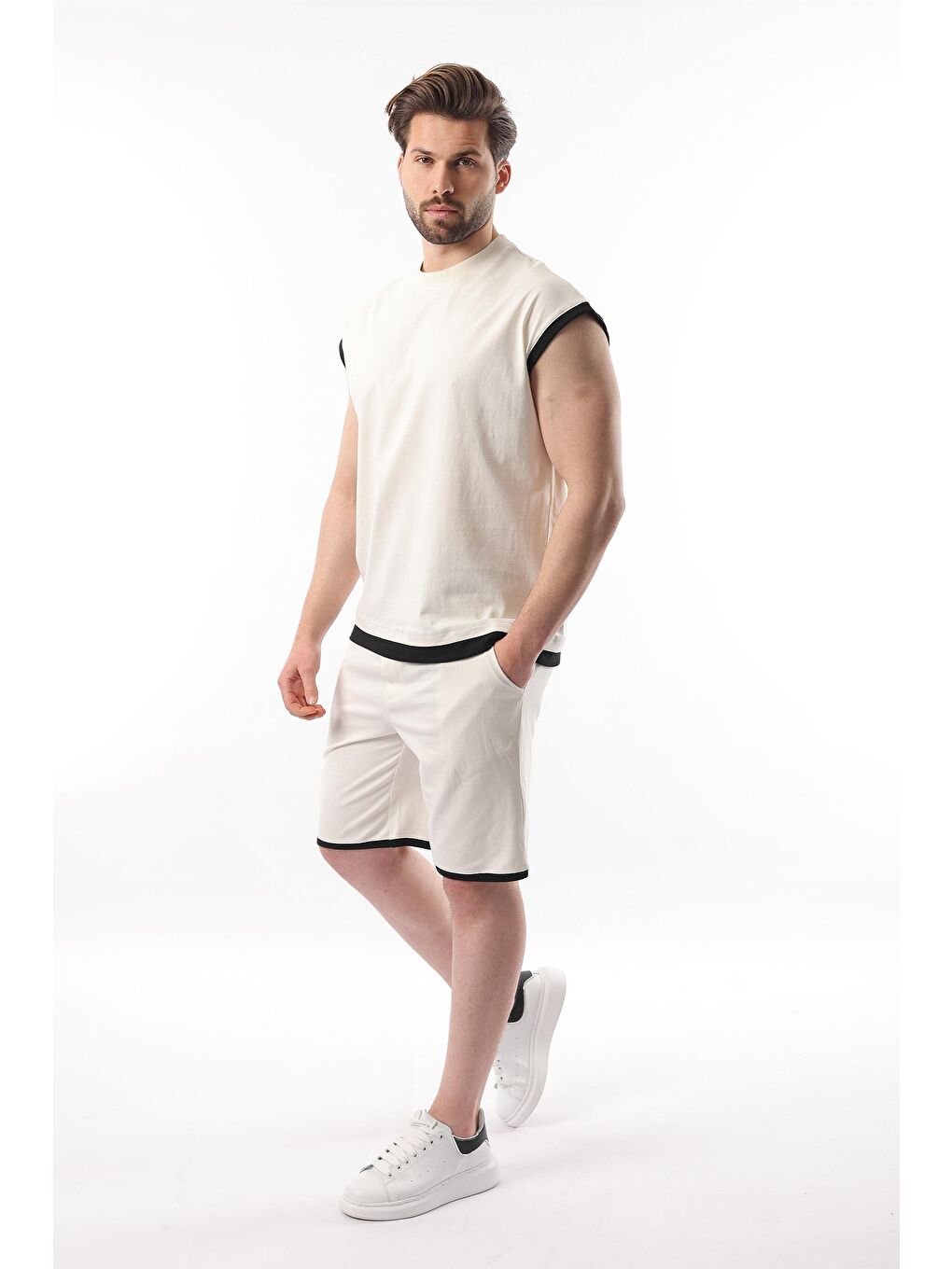 Ekru Sıfır Kol Erkek Şort Tişört %100 Pamuk Takım E7308-3