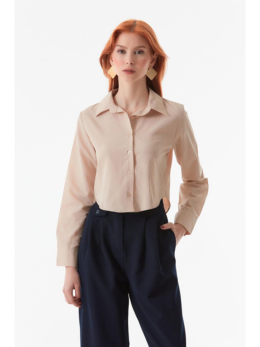 Bej Basic Uzun Kollu Crop Gömlek-2