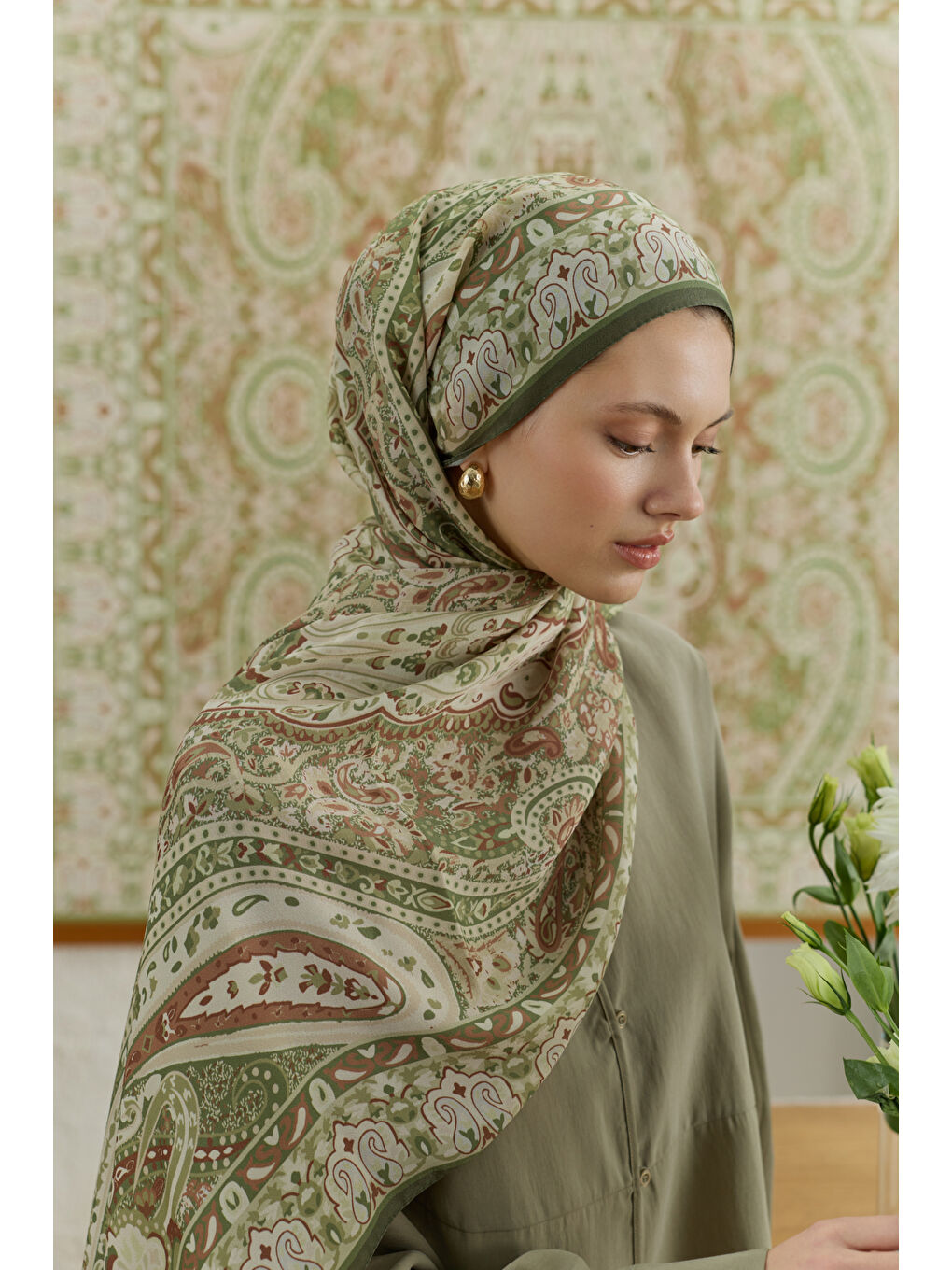 Yeşil Cupra Prive Desenli Şal Saga Olive-2